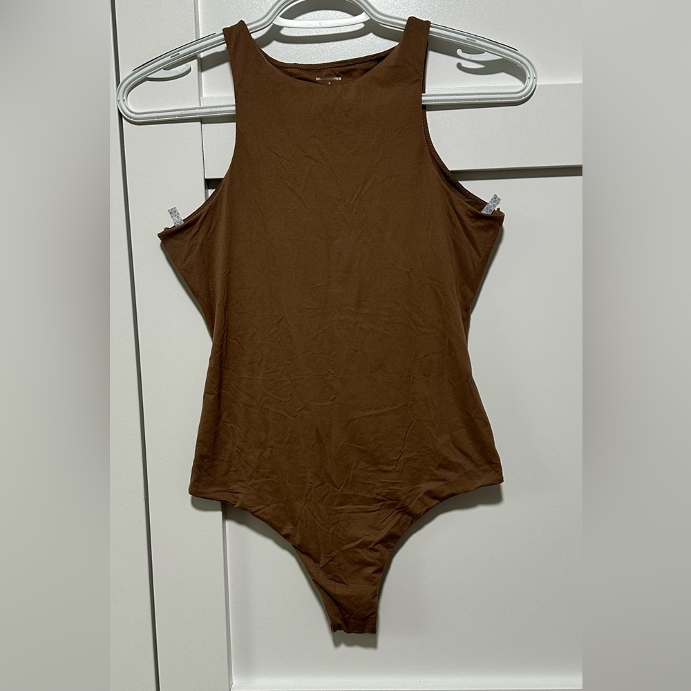 NEWVISISTER Brown Bodysuit Women’s Small – High Neck, Stretchy, Snap Closure